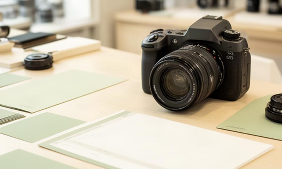Cámara fotográfica y documentos de compra sobre una mesa de trabajo luminosa
