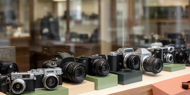 Cámaras digitales y analógicas alineadas en una vitrina de la tienda