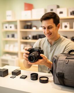 Asesor revisando una cámara y varios accesorios en el mostrador de una tienda de fotografía