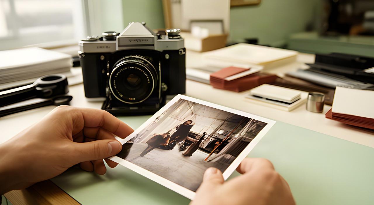 Manos colocando una copia fotográfica recién impresa junto a una cámara analógica en un mostrador de Arriaga