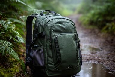Mochila impermeable para cámara apoyada junto a una ruta de bosque húmedo