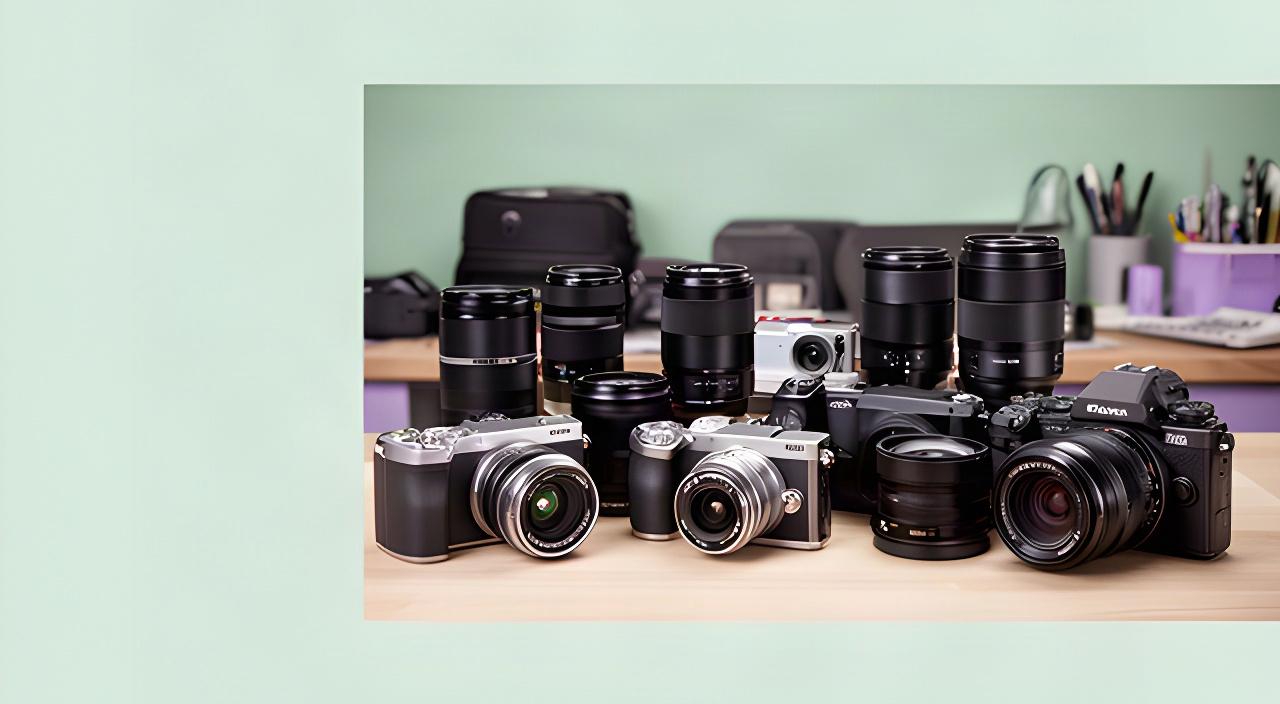 Cámaras digitales y lentes intercambiables alineados sobre una mesa de trabajo fotográfica