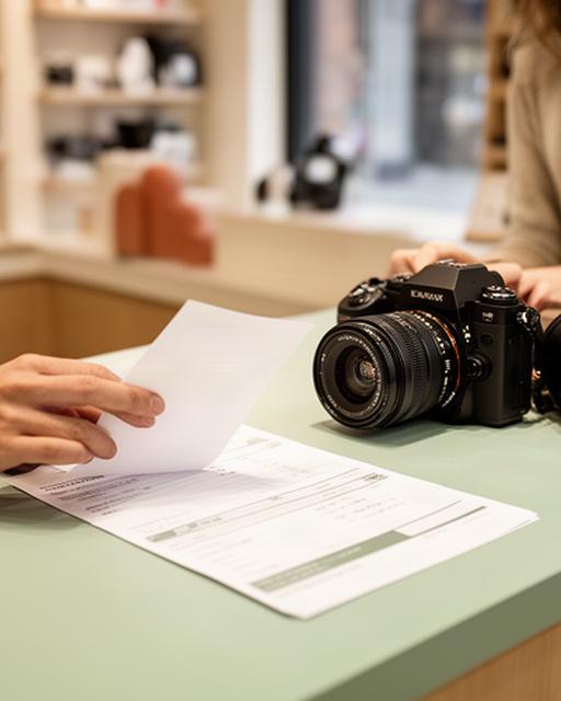 Persona revisando una factura y una cámara fotográfica en el mostrador de una tienda