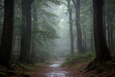 Sendero húmedo entre hayas altas después de la lluvia